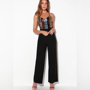 Shine and Dandy (Lulus) Black Multi Rainbow Sequin Jumpsuit size S